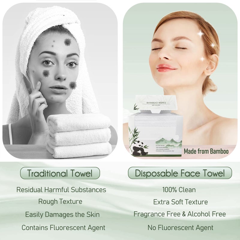 WOWOTEX Bamboo Viscose Disposable Face Towel Biodegradable Large Dry Face Wipes 60 Count Extra Thick Soft Clean Facial Towels for Sensitive Skin, Makeup Removing, Facial Cleansing, Nursing, Travel - Image 3